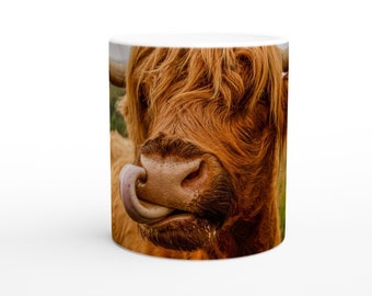 White 11oz Ceramic Mug Featuring Gertrude the Highland Coo