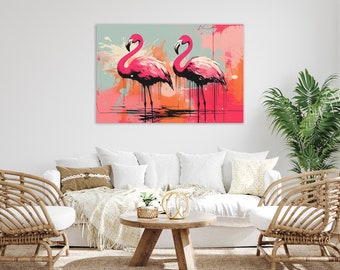 Pink Flamingos Paint Splash Canvas Print, Wall Decor, Office Decor, Fine Art, Living Room Art