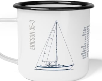 Custom Boat Enamel Mug: Personalized Sailboat Specs, Boater Gift