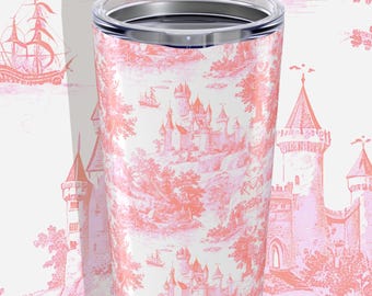 Blush Pink Toile Tumbler with Lid: French Style Travel Mug