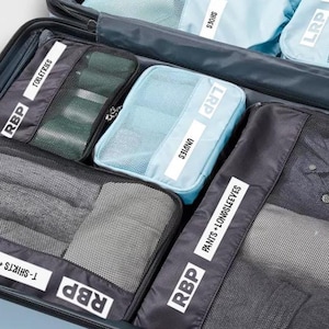 May include: Open suitcase with several packing cubes and mesh organizers. The organizers are labeled for shoes, undies, toiletries, t-shirts, long sleeves, pants, and sweaters. The cubes are in shades of blue and gray.