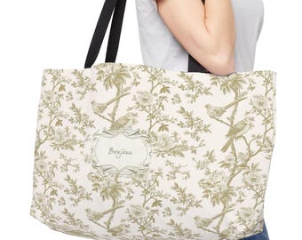 Personalized Tote Bag Golden Sage Toile de Jouy Pattern: Custom Holiday French Style Holiay Floral Pattern Birds Botanical