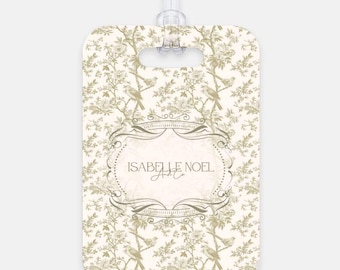 Custom Logo Luggage Tag French Toile Pattern: Personalized 2-sided Tage with Golden Sage Frenchstyle Tree Birds Pattern Floral