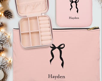 Personalized Jewelry Case Gift Set: Custom Name Bow Travel Case and Zipper Pouch