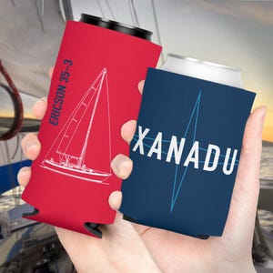 Custom Boat Coozy: Custom Logo and Technical Sailboat Drawing with Boat Name and Model Personalized Colors Regular Can and Slim Can sizes