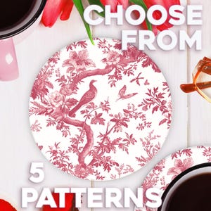 May include: Five different coaster designs featuring a pink floral pattern with birds and butterflies on a white background.  Choose from 5 patterns.