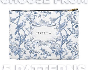 Personalized Toile Zipper Pouch: French Style Ditty Bag, Custom Name