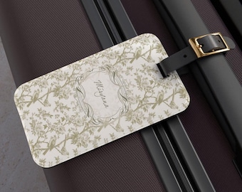Personalized Luggage Tag with Contact Information Card Insert Golden Sage Toile Pattern: Custom Logo Frenchstyle Tree Birds Pattern