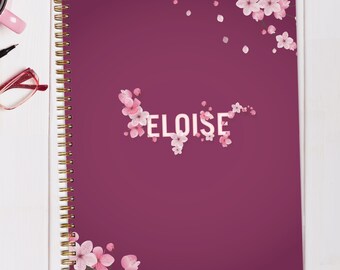 Personalized Journal Hardcover Cherry Blossom Softcover: Custom Name Journal Lined, Dotted, or Blank Gold Spiral Book Pretty Pink Flowers