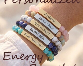 Personalized Chakra Crystal Beaded Naturalism Jewelry: Custom Engraved Bracelet Gold / Silver Tarnish Resisting Stainless