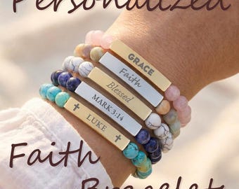 Personalized Faith Bracelet, Religious Gift: Custom Name Bracelet Beaded Bar Engraved Gold or Silver