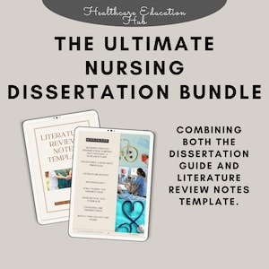 May include: A digital download bundle for nursing students, featuring a dissertation guide and literature review notes template. The cover image shows a stethoscope with a heart shape, a nurse, and a patient in a hospital bed.
