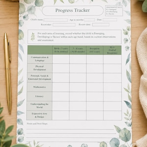 May include: A white A4 printable progress tracker sheet featuring a green eucalyptus leaf border. The document includes fields for child name, age, date, and a grid for tracking developmental areas like communication, literacy, and mathematics.