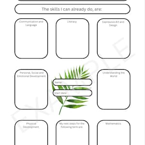 May include: A printable worksheet with a black and white design. The worksheet is titled "My Starting Points" and has a section for "The skills I can already do, are:" with nine boxes for writing. The boxes are labeled with categories such as "Communication and Language", "Literacy", "Expressive Art and Design", "Personal, Social and Emotional Development", "Understanding the World", "Physical Development", "My next steps for the following term are:", and "Mathematics". There is a green leaf illustration in the center of the worksheet.