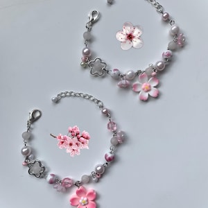 Cherry Blossom Pink Sakura Bracelets, Handmade Beaded Japanese Jewelry, Kawaii Aesthetic Cottagecore Accessories, Flower Charm Choker Gift
