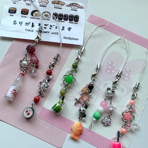 Japanese Kawaii Phone Charms, Cute Sushi Ramune Bag Charm, Beaded Dango Keychain, Heisei Retro Accessory, Mini Food Keyring, Gift Ideas