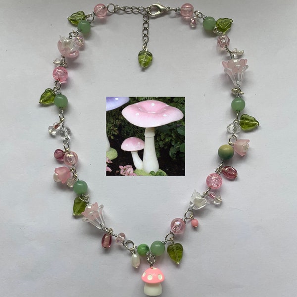 Fairy Garden Necklace | Pink mushroom aesthetic choker | Fairycore jewelry cluttered necklace | cottagecore accessories cluster necklaces