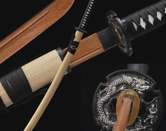 Bokken Katana Wooden Practice Sword, Dragon Tsuka Ito, Iaido Kenjutsu Training Sword, Cosplay Samurai Sword, Martial Arts Practice