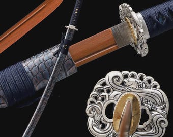 Wooden Bokken Katana, Dark Blue Tsuka Ito, Iaido Kenjutsu Practice Sword, Japanese Samurai Training Sword, Cosplay Katana