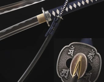 1095 Carbon Steel Katana, Handmade Japanese Samurai Sword, Sharp Full Tang Katana, Ray Skin Handle, Navy Silk Tsuka Ito, Black Katana