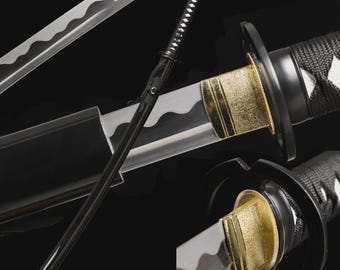 1095 Carbon Steel Katana, Black Japanese Samurai Sword, Sharp Full Tang Katana, Ray Skin Handle, Navy Silk Tsuka Ito, Handmade Sword