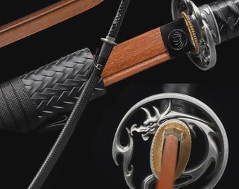 Rosewood Bokken Katana, Black Saya, Dragon Tsuba, Iaido Kenjutsu Practice Sword, Japanese Samurai Training Sword, Cosplay Katana