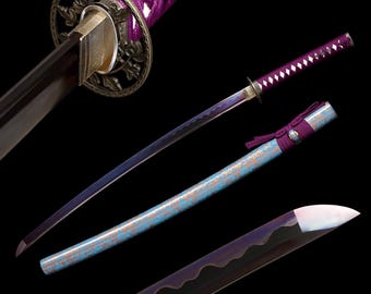 Handmade Purple Katana: 1095 Steel Samurai Sword, Clay Tempered Blade