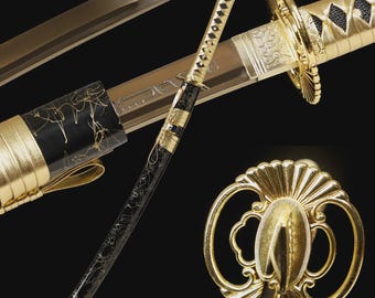 1095 Carbon Steel 30" Wakizashi, Gold Blade Dragon Samurai Sword, Sharp Japanese Short Katana, Full Tang, Ray Skin Handle, Navy Silk Wrap