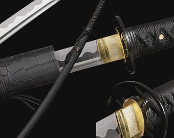1095 Carbon Steel Katana, Gold Japanese Samurai Sword, Black Full Tang Katana, Sharp Ray Skin Handle, Navy Silk Wrap