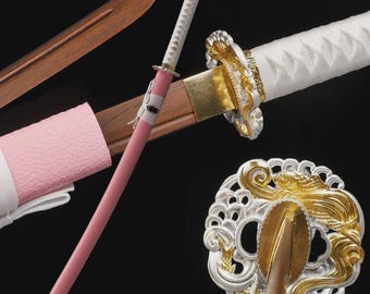 Rosewood Bokken Katana, White Tsuka Ito, Pink Saya, Samurai Practice Sword, Iaido Kenjutsu Training, Japanese Martial Arts Sword