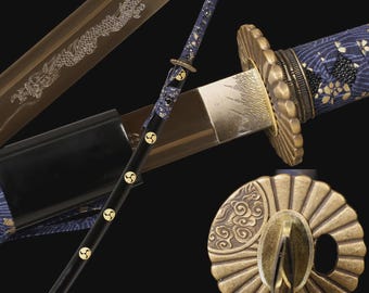 1095 Carbon Steel Katana, Blue Japanese Samurai Sword, Sharp Full Tang Katana, Brass Tsuba, Wooden Handle, Handmade Japanese Sword