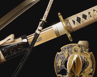 1095 Carbon Steel Katana, Gold Dragon Japanese Samurai Sword, Sharp Full Tang Katana, Ray Skin Handle, Navy Silk Wrap