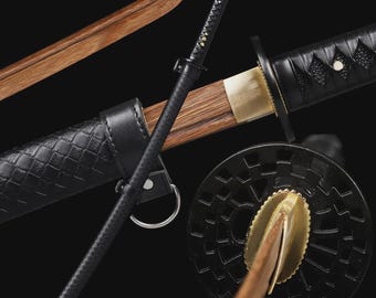 Wooden Bokken Katana, Black Ray Skin Handle, Navy Silk Tsuka Ito, Japanese Samurai Sword, Kendo Iaido Kenjutsu Training Katana