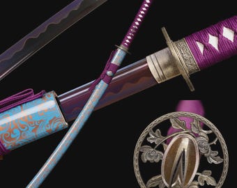 1095 Carbon Steel Katana, Purple Blade Japanese Samurai Sword, Sharp Full Tang Katana, Ray Skin Handle, Navy Silk Tsuka Ito, Handmade