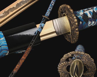 1095 Carbon Steel Katana, Gold Japanese Samurai Sword, Sharp Full Tang Katana, Ray Skin Handle, Navy Silk Wrap, Handmade