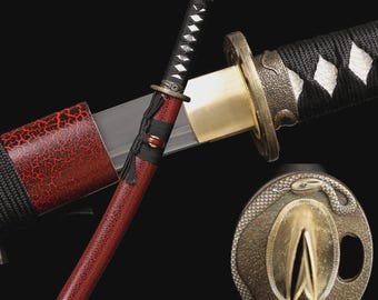 1095 Steel Tanto Katana, Handmade Japanese Short Sword, Full Tang Samurai Sword, Sharp Single Edge, Ray Skin Handle, Navy Silk Wrap