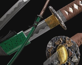 1095 Carbon Steel Katana, Green Japanese Samurai Sword, Sharp Full Tang Katana, Ray Skin Handle, Navy Silk Tsuka Ito, Handmade Sword
