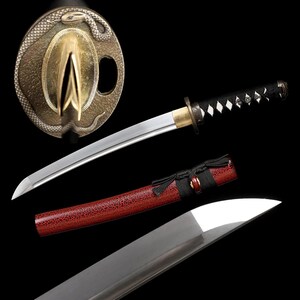 May include: A Japanese tanto knife with a silver blade and black handle. The scabbard is red with black accents. The tsuba, or hand guard, is bronze-colored with a snake design. The blade is sharp and curved.