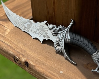 Custom Engraved Sea Dragon Knife: Collectible Stainless Steel Etched Blade with Stand