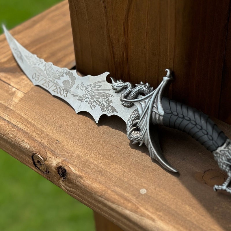 CUSTOM ENGRAVED Sea Dragon 13.25" OA Fantasy Knife & Stand Etched Blade Collectable Home Decor, Gifts For Him Handmade Stainless Steel Knife