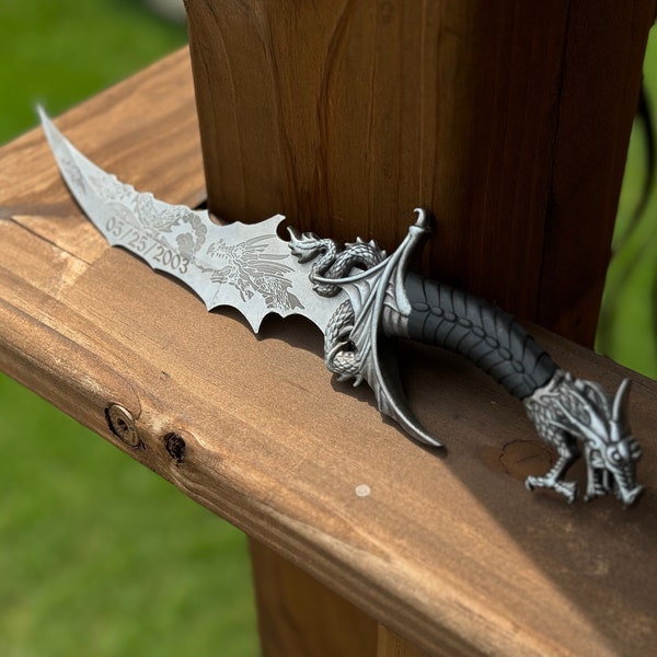 CUSTOM ENGRAVED Sea Dragon 13.25" OA Fantasy Knife & Stand Etched Blade Collectable Home Decor, Gifts For Him Handmade Stainless Steel Knife