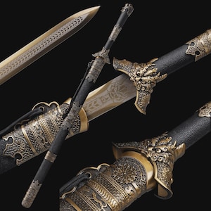 May include: A sword featuring a gold-toned blade with an intricate geometric pattern and a dragon engraving. The black scabbard and hilt are adorned with ornate, antique-style brass fittings, including a detailed creature motif on the guard.