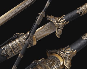 Gold Manganese Steel Jian Sword, Chinese Dragon Sword, Sharp Full Tang Chinese Sword, Hand Polished Blade, Wood Handle