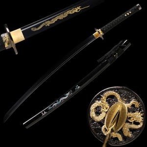 Handmade 1095 Carbon Steel Samurai Sword: Golden Dragon Scabbard, Razor Sharp