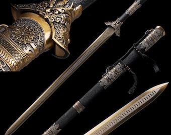 Handmade Dragon Han Jian Sword: 1095 Steel, Clay Tempered, Razor Sharp