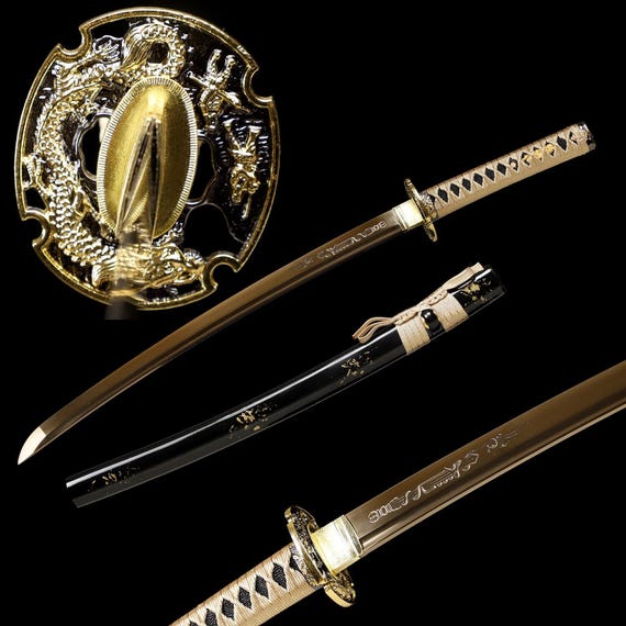 30'' Golden Dragon Loong Sword Wakizashi 1095 Carbon Steel Gold Blade Full Tang Sharp
