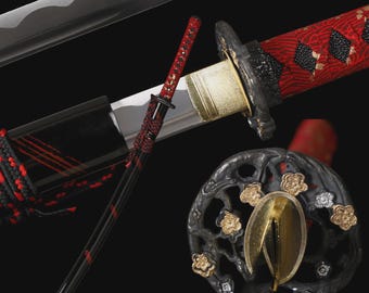 1095 Carbon Steel Katana, Red Japanese Samurai Sword, Sharp Full Tang Katana, Ray Skin Handle, Navy Silk Wrap, Handmade