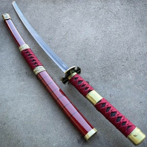 Handmade Anime Katana: 1045 Carbon Steel, Red Cotton Wrapped Handle