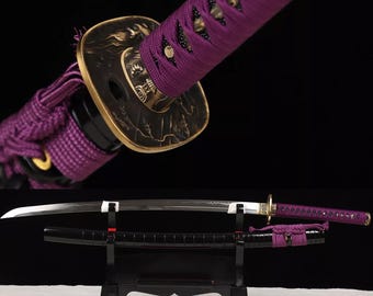 Handmade Purple Katana: Clay Tempered Samurai Sword with Steel Blade