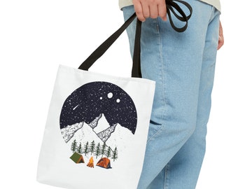 Happy Place Camping in den Bergen Tote Bag, Naturliebhaber, Segeltuchtasche, Wanderer, Backpacker, Büchertasche, Markttasche